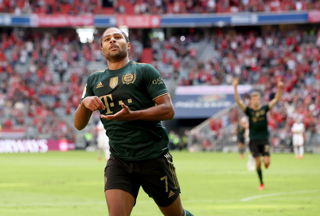 Serge Gnabry celebrates after scoring Bayern's third goal.