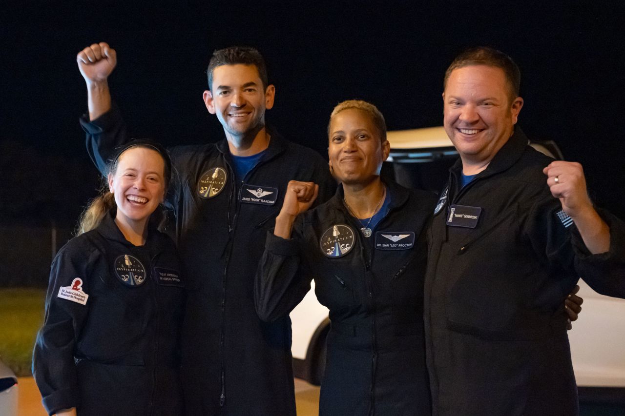 The Inspiration4 crew is seen after returning to Earth on Saturday, September 18. From left are Hayley Arceneaux, Jared Isaacman, Sian Proctor and Chris Sembroski.