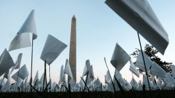 WASHINGTON, DC - SEPTEMBER 18: Flags are placed in the ground as part of 'In America: Remember,' a public art installation commemorating all the Americans who have died due to COVID-19 near the Washington Monument on September 18, 2021 in Washington, DC. The concept of artist Suzanne Brennan Firstenberg, the installation includes more than 660,000 small plastic flags, some with personal messages to those who have died, planted in 20 acres of the National Mall. (Photo by Spencer Platt/Getty Images)