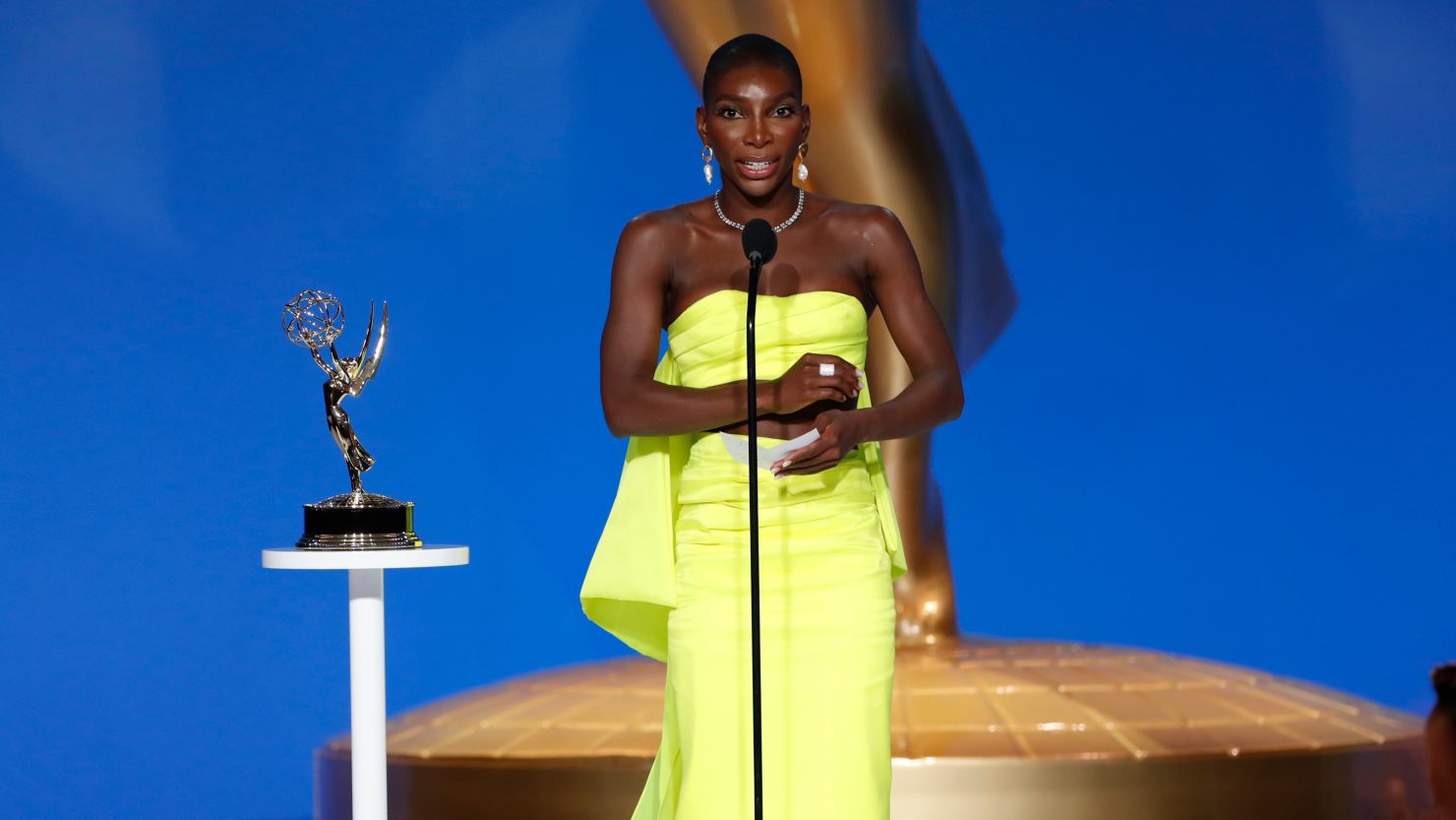 Michaela Coel from 'I May Destroy You' speaks at the 73rd Emmy Awards broadcast on Sunday, Sept. 19