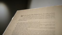 A page of the first printing of the United States Constitution is displayed at the offices of Sotheby's auction house in New York on September 17, 2021. - An 'incredibly rare' first printing of the US Constitution will be put for auction by Sotheby's New York, for an estimate of $15 to $20 million. It is one of the only 11 copies known to exist and the only one in private hands. (Photo by Ed JONES / AFP) (Photo by ED JONES/AFP via Getty Images)