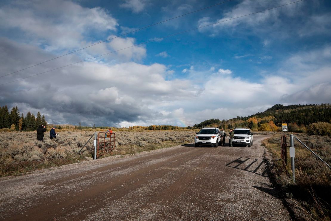 US Park Ranger vehicles block access in the Spread Creek area of the Bridger-Teton National Forest, where human remains believed to be of Gabby Petito were found in Wyoming on Sunday.