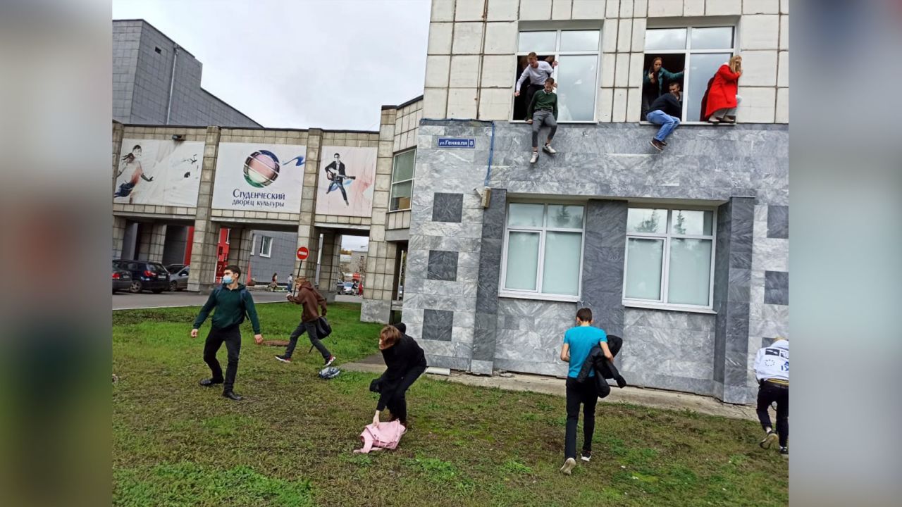 Students pictured jumping from windows of the university. 