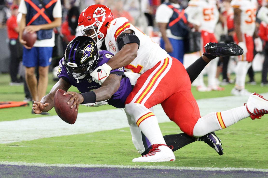 Jackson dives into the endzone past the tackle of Michael Danna of the Kansas City Chiefs.