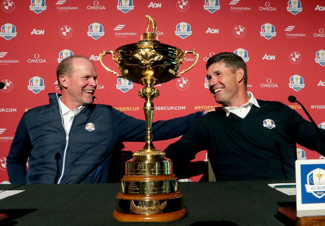 Stricker, left, and Harrington share a laugh at the conclusion of the 2020 Ryder Cup Year-to-Go press conference.