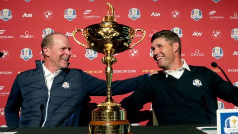 Stricker, left, and Harrington share a laugh at the conclusion of the 2020 Ryder Cup Year-to-Go press conference.