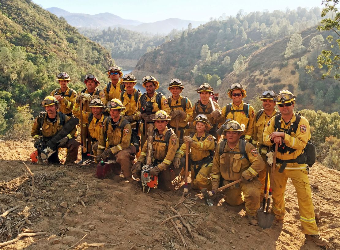 A firefighter crew during their deployment on the Chimney Fire in San Luis Obispo County, California, in 2016. California officials, faced with a shrinking pool of firefighters during major blazes, are increasingly turning to civilian environmental corps.