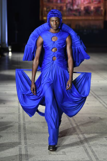 Richard Malone's new collection consisted of fantastical structured garments in striking hues like cobalt and crimson.