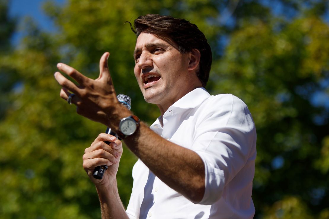 Liberal Party Leader Justin Trudeau speaks to supporters during a campaign stop on September 19, in Maple, Canada. 