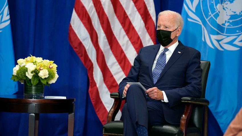 President Joe Biden meets with United Nations Secretary General Antonio Guterres at the Intercontinental Barclay Hotel during the United Nations General Assembly, Monday, Sept. 20, 2021, in New York. (AP Photo/Evan Vucci)