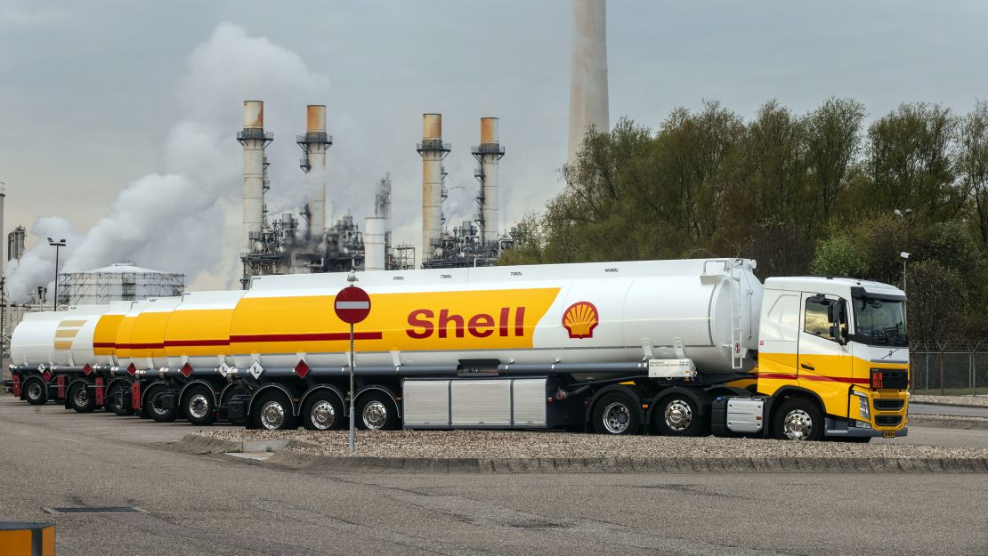 A Royal Dutch Shell fuel tanker at the Shell Pernis refinery in Rotterdam, Netherlands, in April 2021.