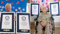 This combination of two undated photos released by Guinness World Records on Tuesday, Sept. 21, 2021, show sisters Umeno Sumiyama, left, and Koume Kodama at separate nursing homes in Shodoshima island, left, and Oita prefecture, Japan. The two Japanese twin sisters have been certified by Guinness World Records as the world's oldest living identical twins, aged 107 years and 300 days as of Sept. 1, 2021, the organization said Monday, Sept. 20, 2021. (Guinness World Records via AP)