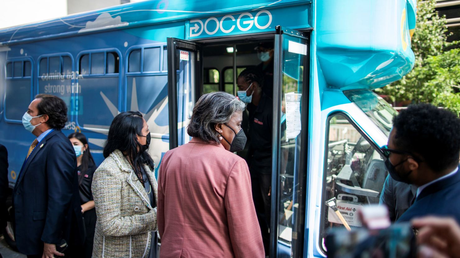 US Ambassador Linda Thomas-Greenfield walks into the bus to get a Covid-19 test outside UN Headquarters on Monday.