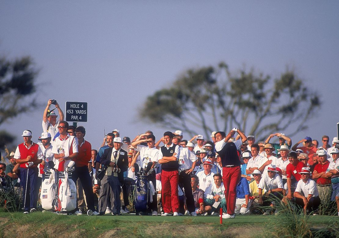 Seve Ballesteros tees off on the fourth hole watched by European team partner Jose Maria Olazabal and US pairing Paul Azinger and Chip Beck.