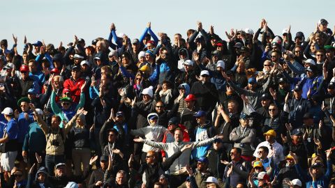 Fans show their support during the morning fourball matches of the 2018 Ryder Cup.