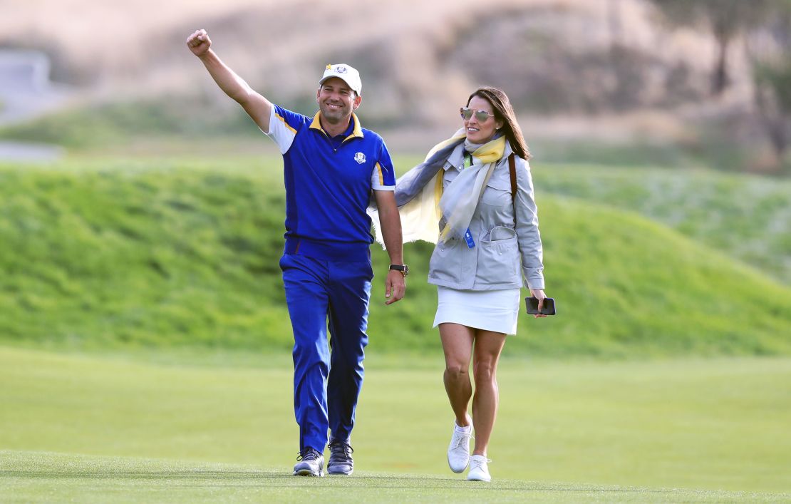 Team Europe's Garcia celebrates with wife Angela after the singles match on day three of the 2018 Ryder Cup.