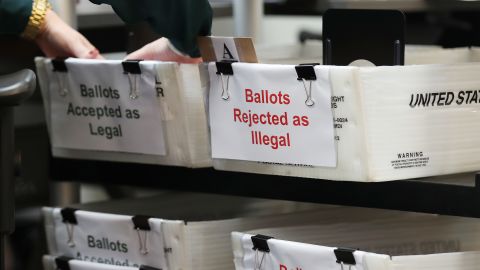 DORAL, FLORIDA - OCTOBER 15: Boxes for Vote-by-Mail ballots that have been rejected or accepted due to signature discrepancies are seen as the Miami-Dade County Canvassing Board convenes ahead of the November 3rd general election at the Miami-Dade County Elections Department on October 15, 2020 in Doral, Florida. The canvassing board was verifying questionable voter's signatures on the Vote-by-Mail ballots by comparing them to the signature on file. Voters have cast 149,683 Vote-by-Mail ballots so far and only 414 of those had been questioned. Voters head to the polls in Florida on October 19th for early in person voting for the November 3rd election where President Donald Trump and Democratic presidential candidate Joe Biden are facing off against each other. (Photo by Joe Raedle/Getty Images)