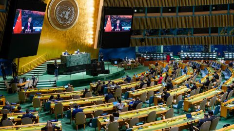 NEW YORK, NEW YORK - SEPTEMBER 21: Chinese President Xi Jinping is seen on a video screen as he addresses the annual gathering in New York City for the 76th session of the United Nations General Assembly (UNGA) on September 21, 2021 in New York City. More than 100 heads of state or government are attending the session in person, although the size of delegations are smaller due to the Covid-19 pandemic.    (Photo by Mary Altaffer - Pool/Getty Images)