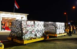 Boxes containing some of the one million doses of the Pfizer vaccine against Covid-19 donated by the United States, are seen upon arrival at the Silvio Pettirossi International Airport, in Luque, Paraguay, on July 9, 2021. 