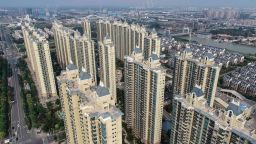 This aerial photo taken on September 17, 2021 shows a housing complex by Chinese property developer Evergrande in Huaian in China's eastern Jiangsu province.