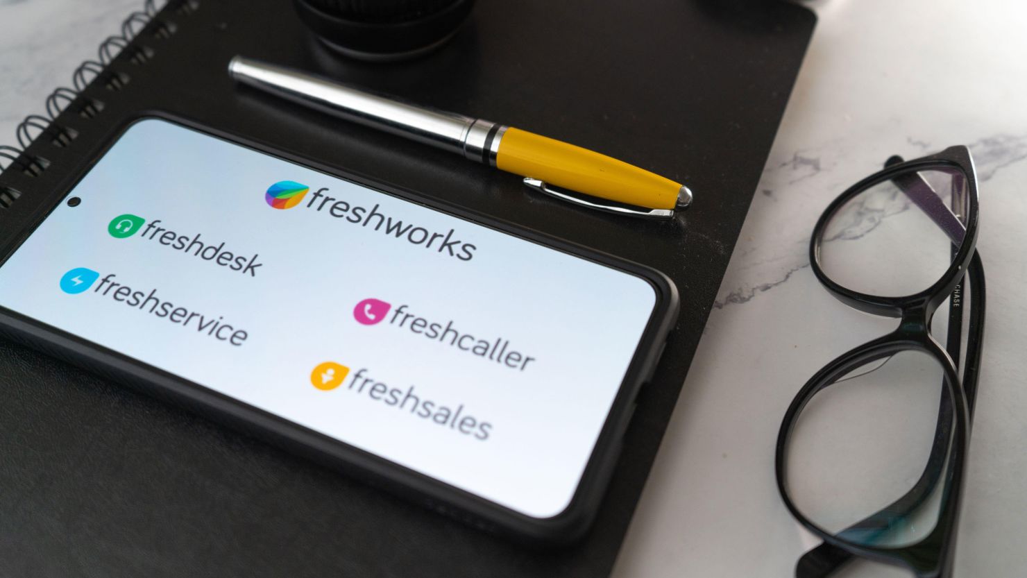 The Freshworks logo on a mobile phone. The Indian company is raising a little over $1 billion in its IPO in New York.