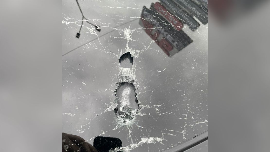 A photo released by the Ukrainian Interior Ministry press office shows the bullet impacts on vehicle.