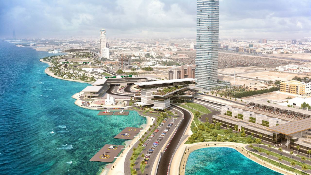 A rendering from Formula One shows the Jeddah Street Circuit looking north.