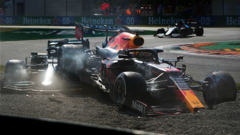 Red Bull's Max Verstappen and Lewis Hamilton of Mercedes, collide at the Italian Grand Prix, Monza.