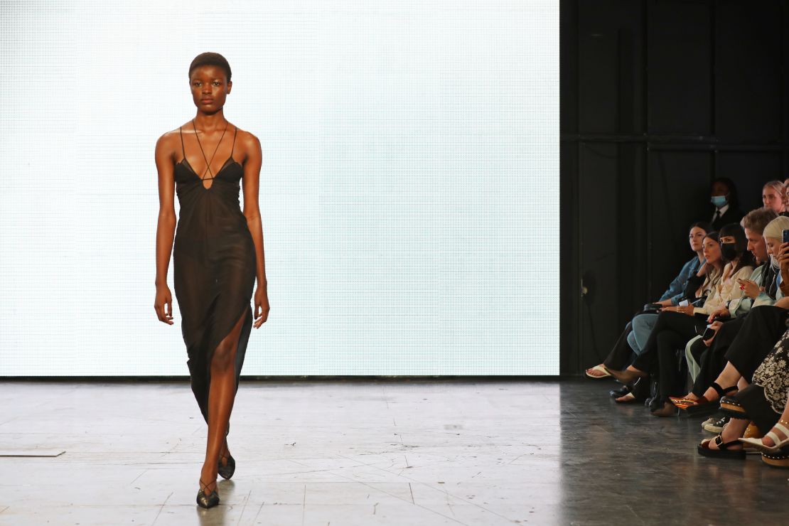 A model walks the runway at Nensi Dojaka's debut show for her eponymous brand.