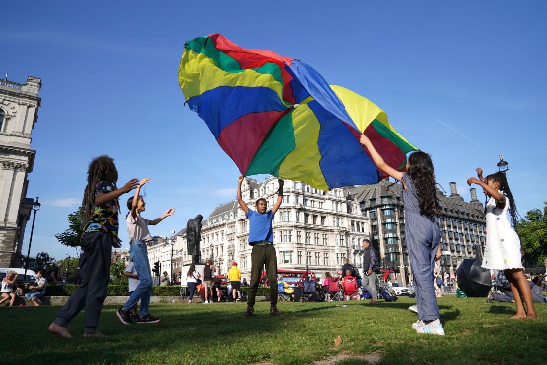 Children to gather at Parliament Square in London to read their Letters to the Earth, ahead of the Cop26 summit in Glasgow, on Sept. 8, 2021. 