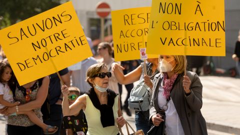 About 500 people demonstrate against any compulsory Covid-19 vaccination, and the mandatory use of the health pass, on September 4 in Brussels, Belgium.