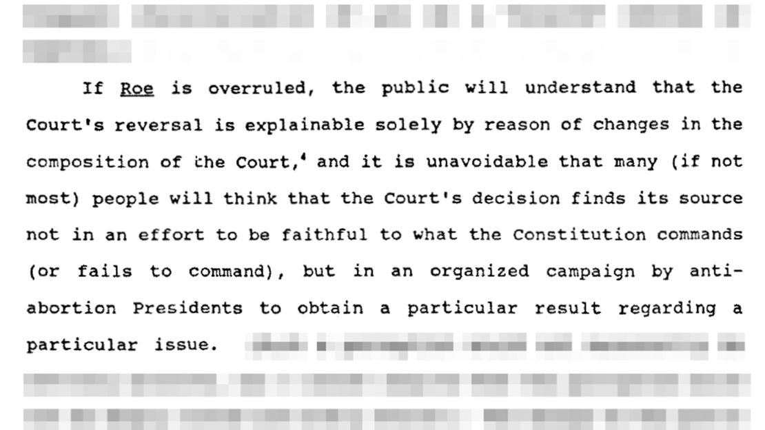 A passage from a memo written to Supreme Court Justice David Souter by one of his clerks on the question of whether Roe v. Wade should be overruled or preserved.
