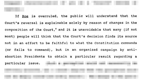 A passage from a memo written to Supreme Court Justice David Souter by one of his clerks on the question of whether Roe v. Wade should be overruled or preserved. 