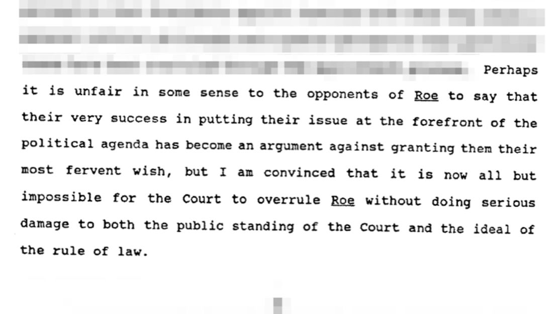 A passage from a memo written to Supreme Court Justice David Souter by one of his clerks on the question of whether Roe v. Wade should be overruled or preserved. 