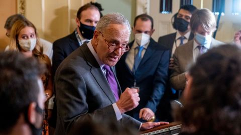 Senate Majority Leader Chuck Schumer, D-N.Y., speaks to reporters as work continues on the Democrats' Build Back Better Act, massive legislation that is a cornerstone of President Joe Biden's domestic agenda, at the Capitol, in Washington, Tuesday, September 14, 2021.