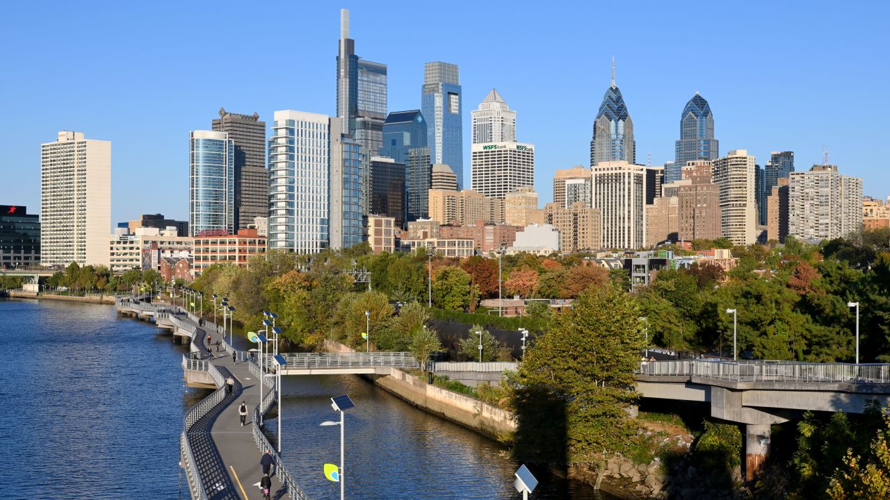 Philadelpia's skyline as seen from the South Street Bridge.