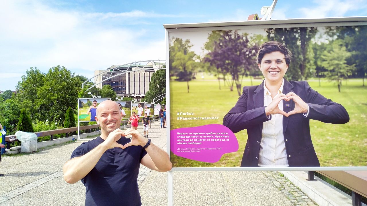 <strong>Traveling while gay: </strong>Piñas Rodríguez and Nieto Carvajal say they've had positive experiences traveling as a gay couple. Here's Nieto Carvajal at an exhibition supporting the LGBTQ community at Lover's Bridge in Sofia, Bulgaria in August 2020.