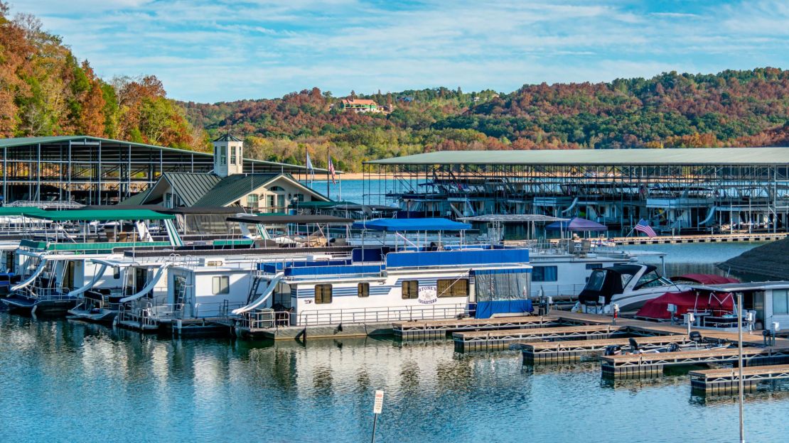 Boats dock at the marina in Dale Hollow Lake State Resort Park in Kentucky near the border with Tennessee. 