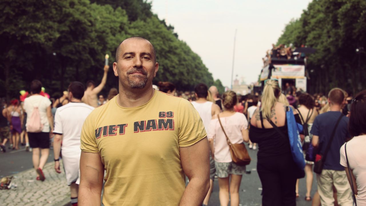 Miguel Piñas Rodríguez at the Pride Parade in Berlin in July 2016. Berlin was one of the couple's early trips.