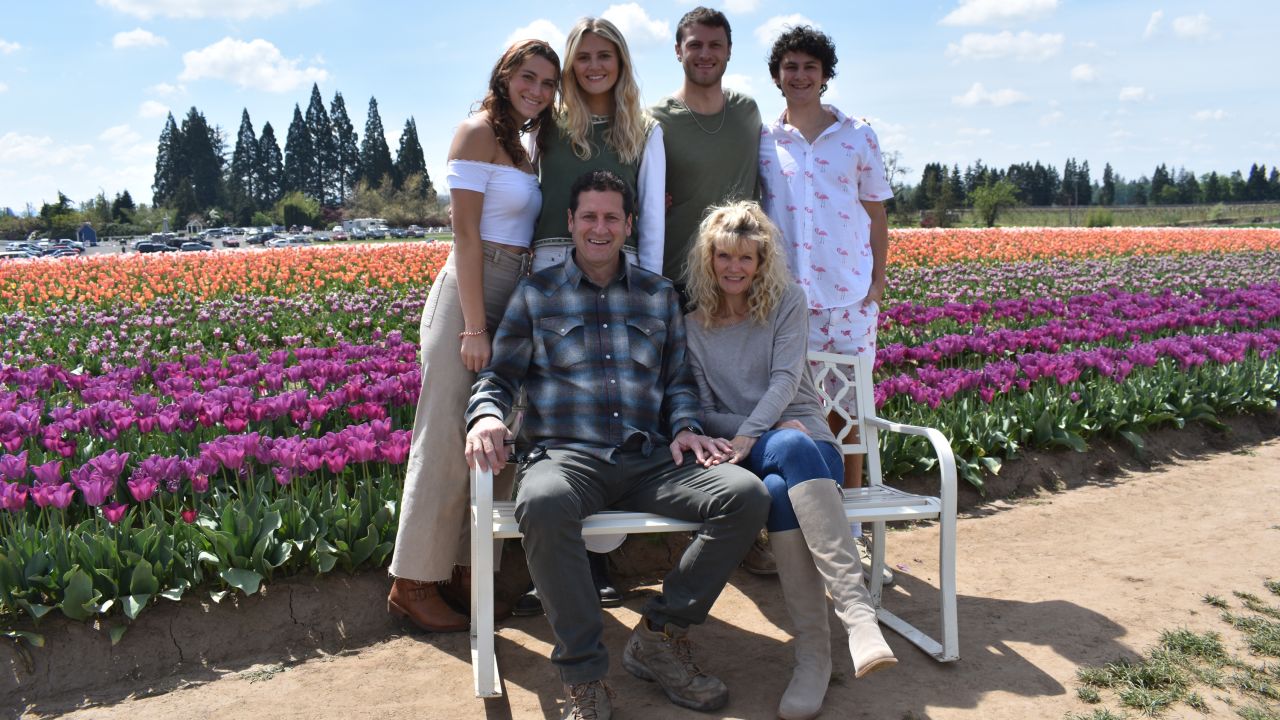 <strong>The Morse family: </strong>Today, the couple have four adult children who share their love of travel and adventure. Here's the family at a tulip farm in Oregon earlier in 2021