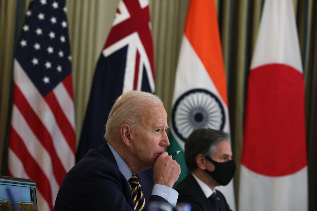 US President Joe Biden and US Secretary of State Antony Blinken participate in a virtual meeting with leaders of Quadrilateral Security Dialogue countries on March 12 in the White House.