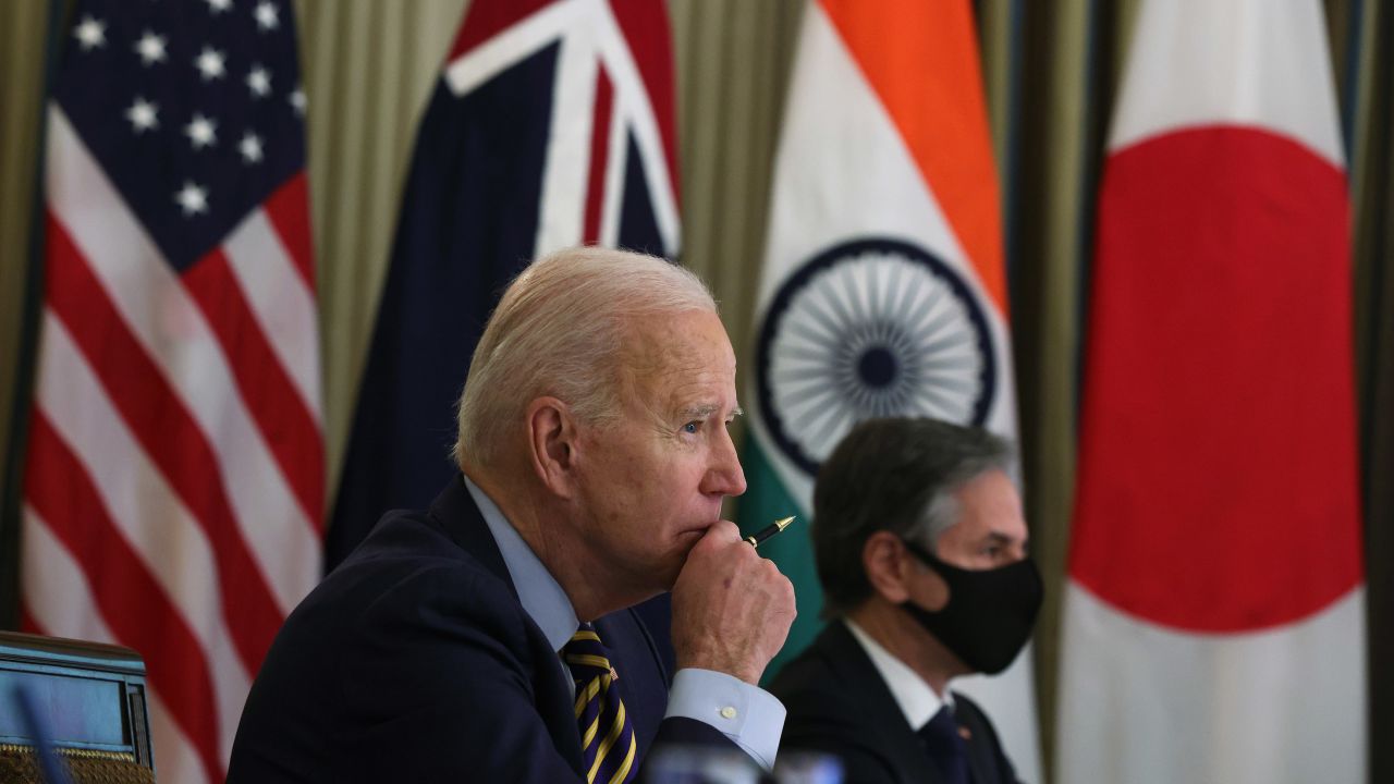 US President Joe Biden and US Secretary of State Antony Blinken participate in a virtual meeting with leaders of Quadrilateral Security Dialogue countries on March 12 in the White House.