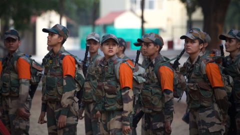 Female recruit soldiers from the Indian army wait during a media visit to the Corps of Military Police Centre and School on March 31 in Bengaluru, India.