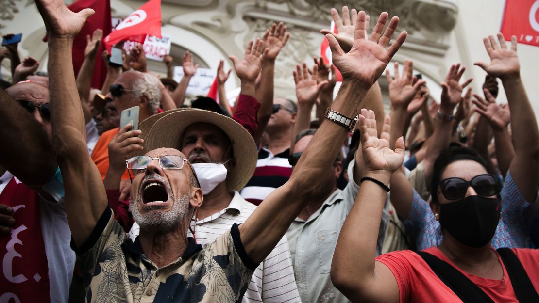 Demonstrators protest against  Saied in Tunis on September 18. 
