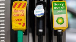 Pumps, out of action, at a BP (British Petroleum) petrol station on September 23, 2021 in London, United Kingdom. BP has announced that its ability to transport fuel from refineries to its branded petrol station forecourts is being impacted by the ongoing shortage of HGV drivers and as a result, it will be rationing deliveries to ensure continuity of supply.
