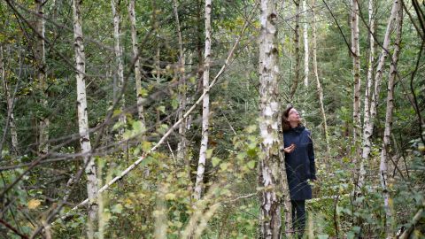 Kristina Kuethe, Peter Meyer's partner, stands in a rejuvenated forest.