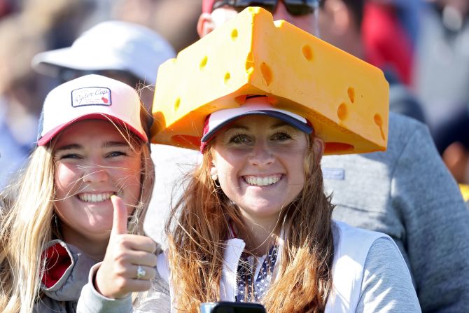 A fan wears a cheese head during a practice round prior to the 43rd Ryder Cup at Whistling Straits near Sheboygan, Wisconsin, in September 2021.