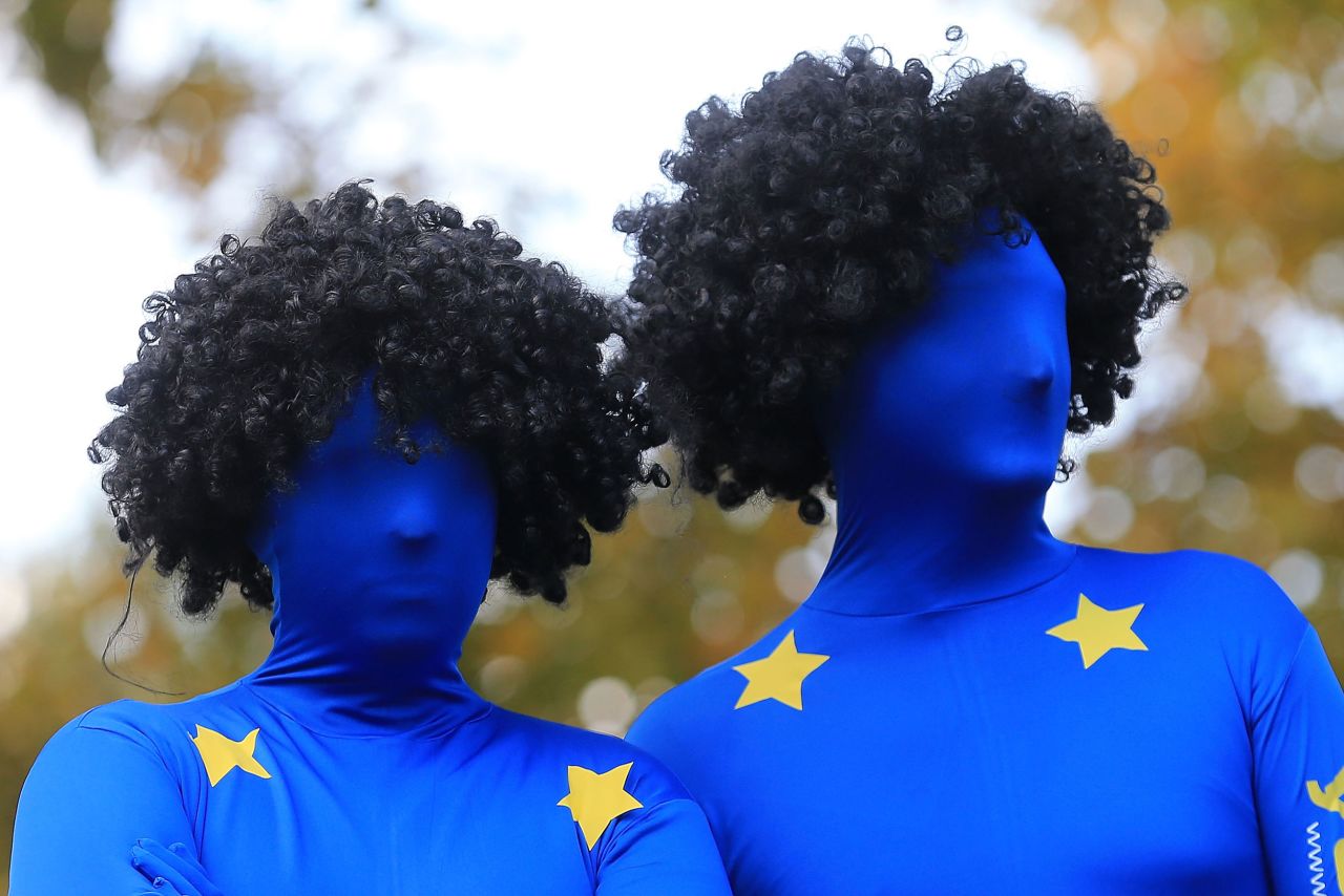 European team fans stand out during the 39th Ryder Cup at Medinah Country Club in Illinois on September 28, 2012.