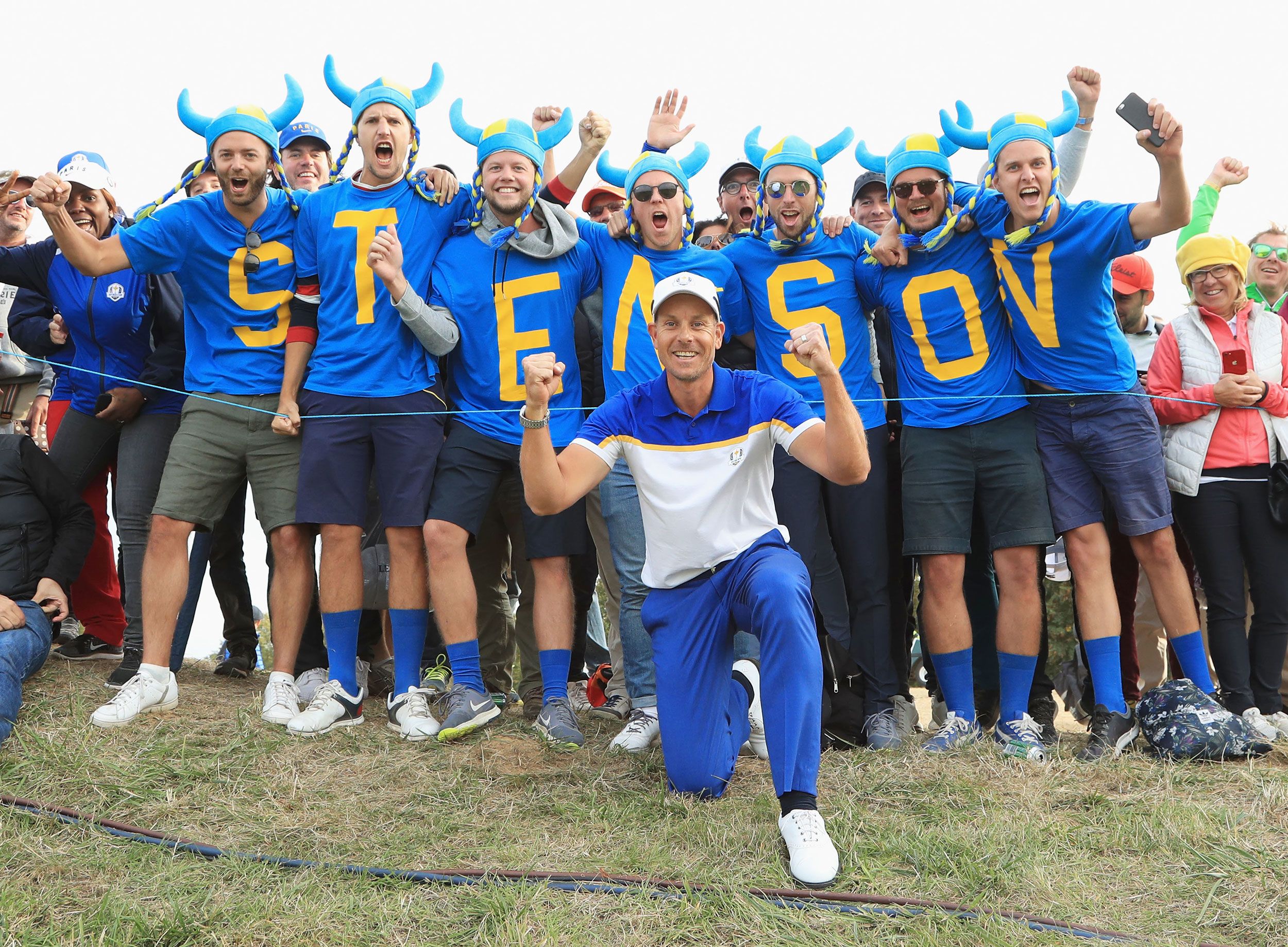 Fans of Henrik Stenson and Europe celebrate during the 2018 Ryder Cup at Le Golf National in a suburb of Paris.