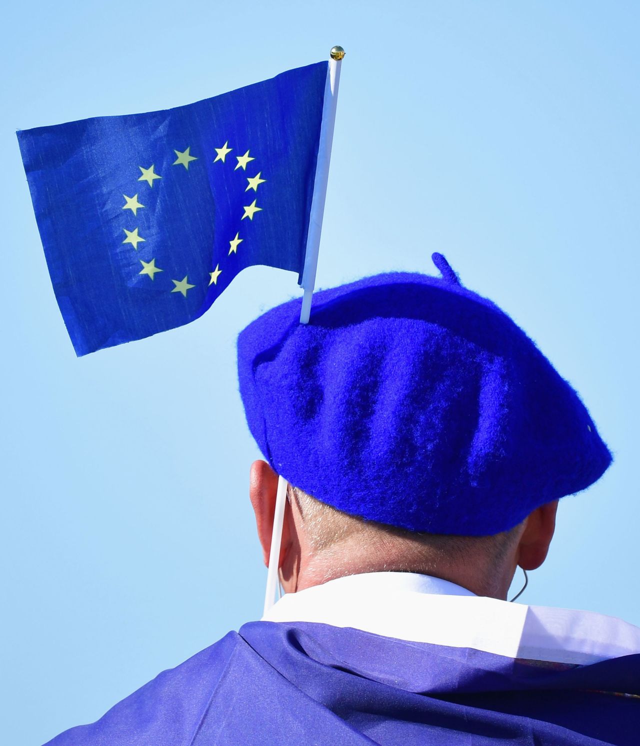 A European fan watches on during singles matches of the 2018 Ryder Cup near Paris.